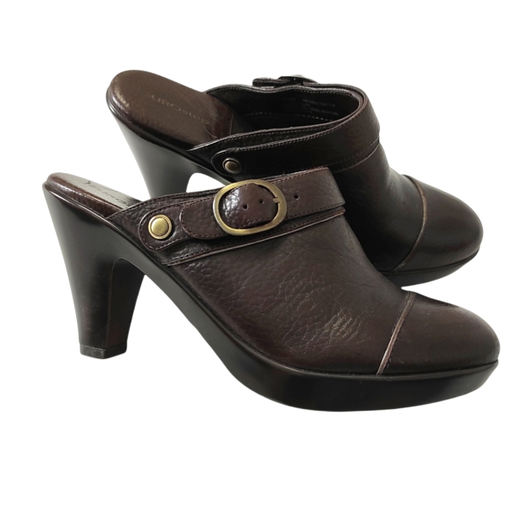Eurostep Leather Mules Buckle Slingback  Platform Heel Round Cap Toe Brown 7.5